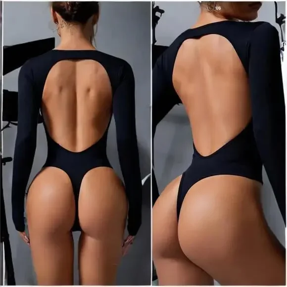 EYE-CATCHING Bodysuit | SZ M | Black Open-Back Cutout Shapewear Long Sleeve Top - Picture 5 of 9